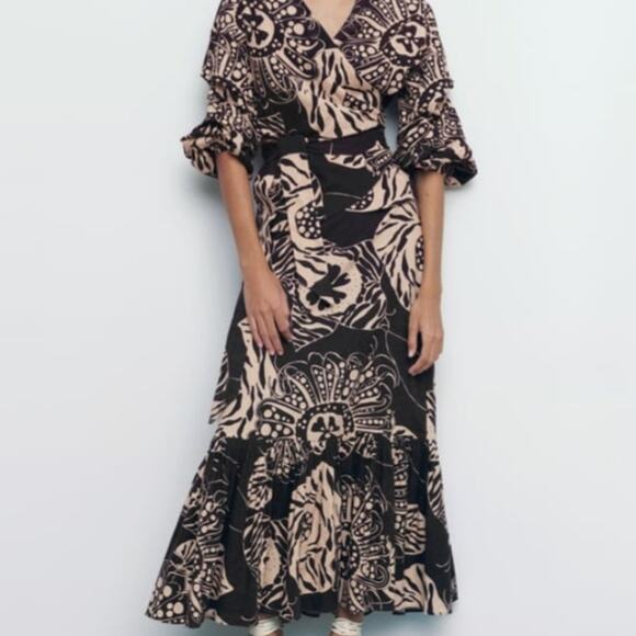 ZARA Printed Linen Blend Wrap Top & Maxi Skirt Ruffles Brown & Cream Size XS - Picture 1 of 11